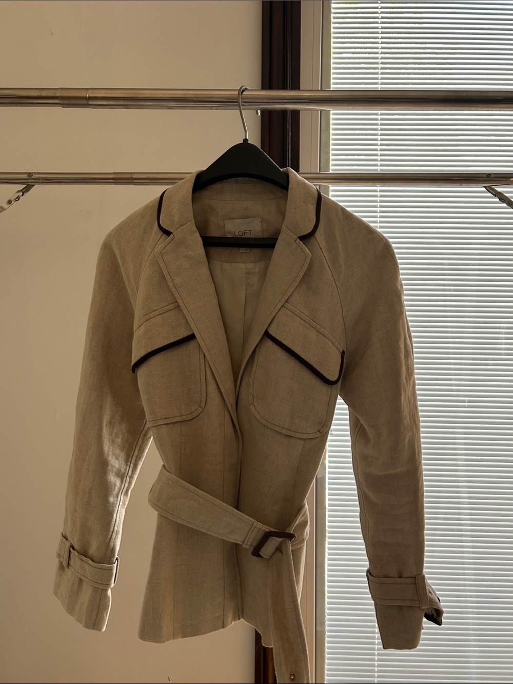 LOFT Beige Belted Linen-Blend Blazer with Dark Piping